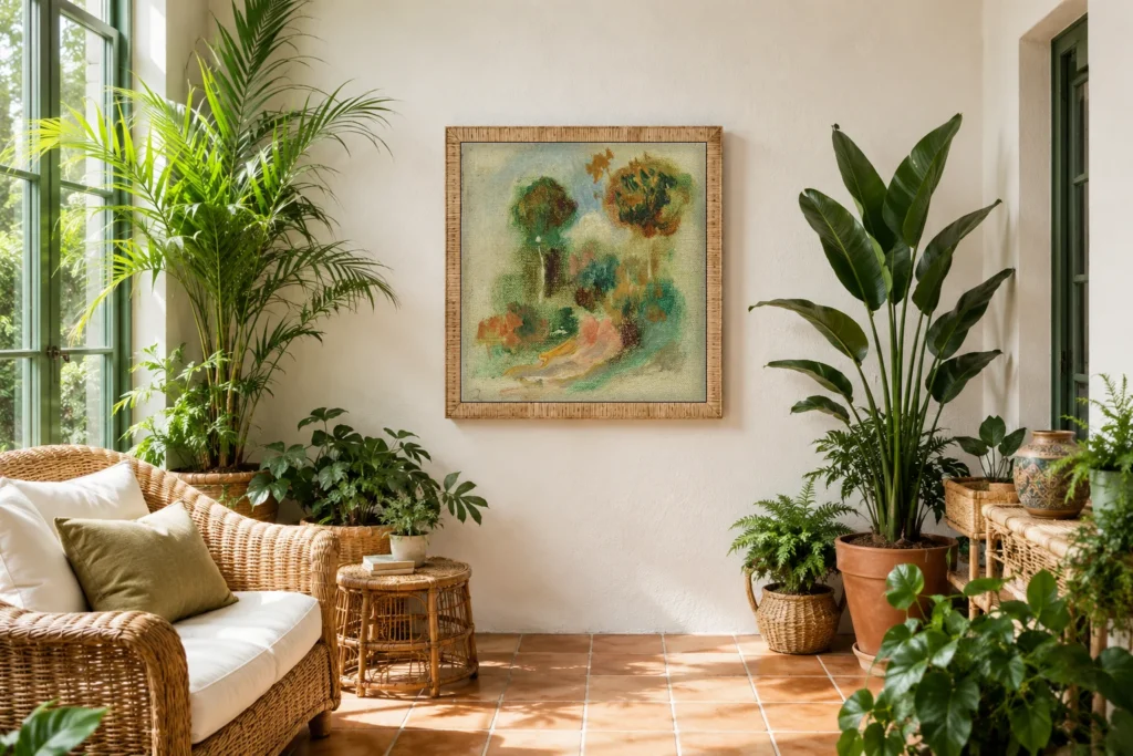 Framed print of Landscape (fragment) hanging on a wall in a furnished room