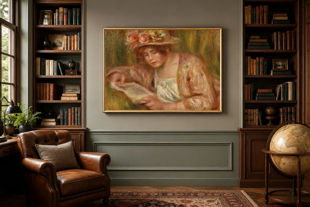 Framed print of Andrée in a Hat, Reading (Andrée en chapeau, lisant) hanging on a wall in a furnished room