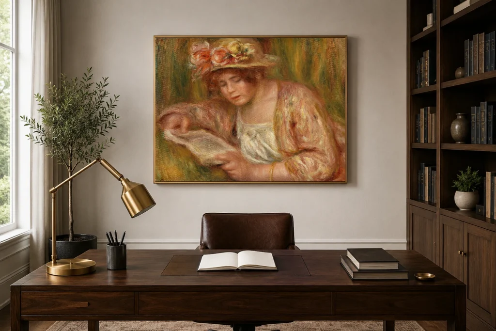 Framed print of Andrée in a Hat, Reading (Andrée en chapeau, lisant) hanging on a wall in a furnished room