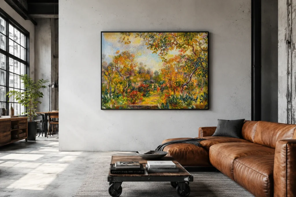 Framed print of Landscape at Beaulieu hanging on a wall in a furnished room