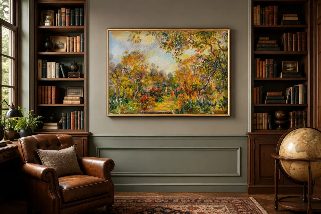 Framed print of Landscape at Beaulieu hanging on a wall in a furnished room