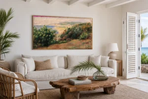 Framed print of Landscape at Cagnes hanging on a wall in a furnished room