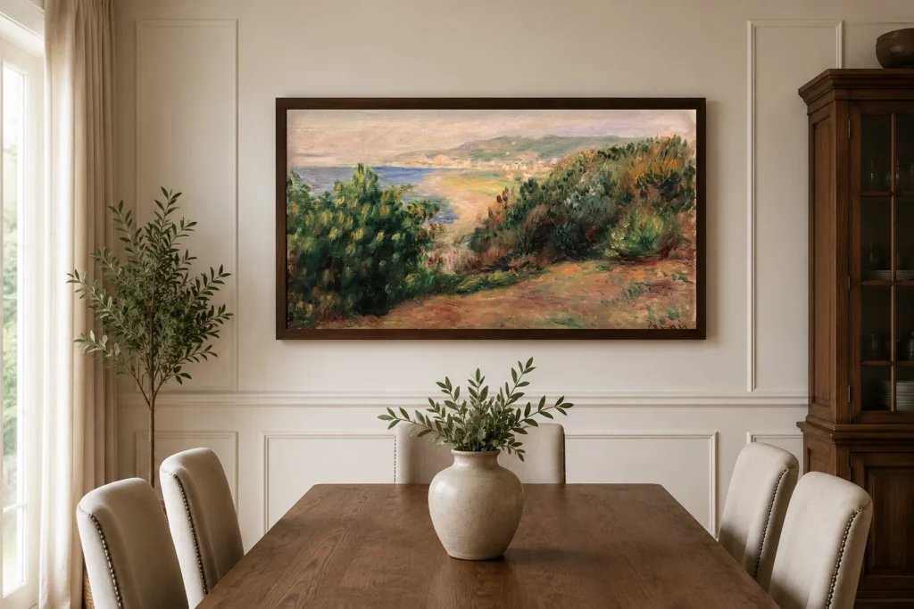 Framed print of Landscape at Cagnes hanging on a wall in a furnished room