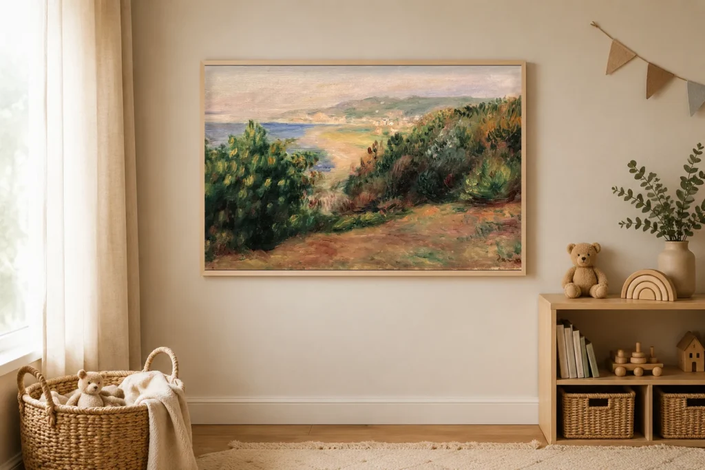 Framed print of Landscape at Cagnes hanging on a wall in a furnished room