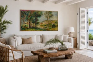 Framed print of Landscape at Essoyes hanging on a wall in a furnished room