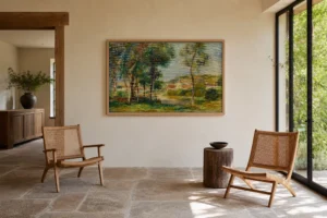Framed print of Landscape at Essoyes hanging on a wall in a furnished room