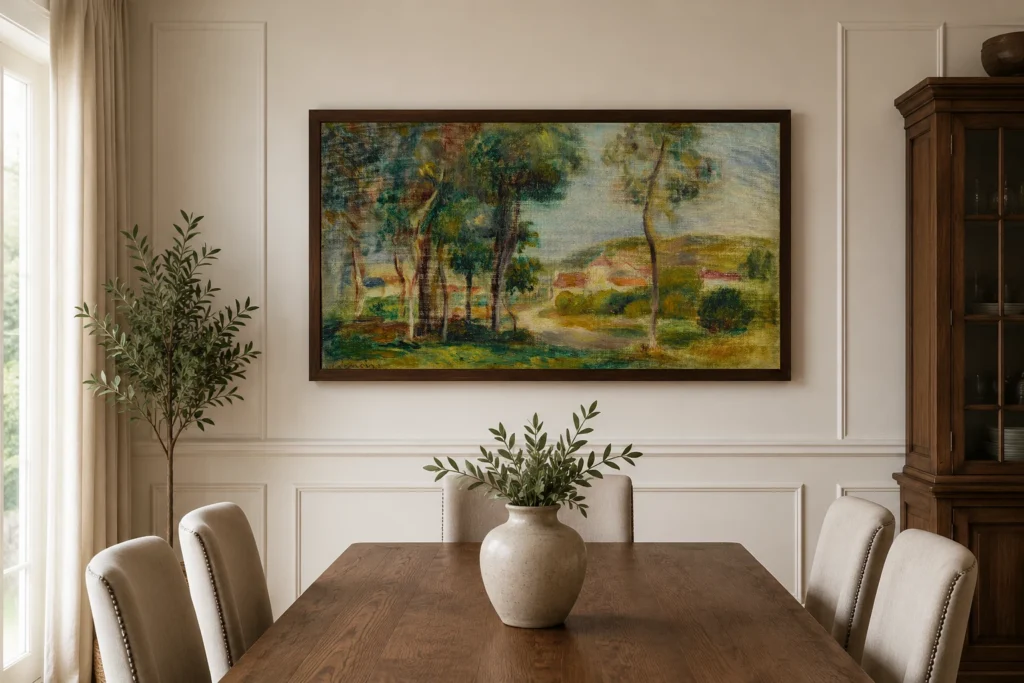 Framed print of Landscape at Essoyes hanging on a wall in a furnished room