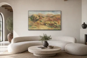 Framed print of Landscape at Noon hanging on a wall in a furnished room