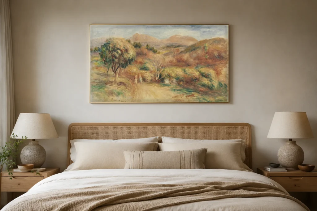 Framed print of Landscape at Noon hanging on a wall in a furnished room