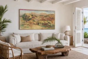 Framed print of Landscape at Noon hanging on a wall in a furnished room