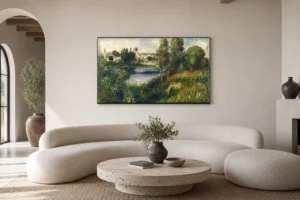 Framed print of Landscape at Vetheuil hanging on a wall in a furnished room