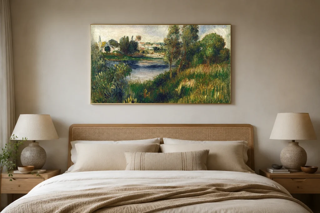 Framed print of Landscape at Vetheuil hanging on a wall in a furnished room