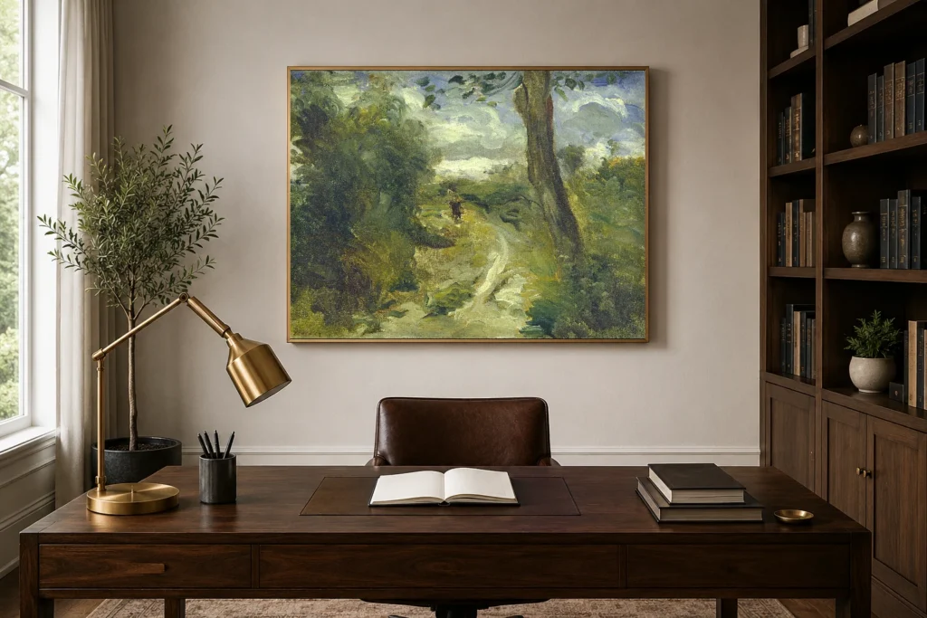 Framed print of Landscape between Storms hanging on a wall in a furnished room