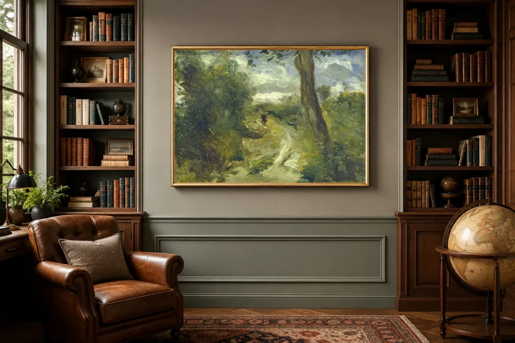 Framed print of Landscape between Storms hanging on a wall in a furnished room