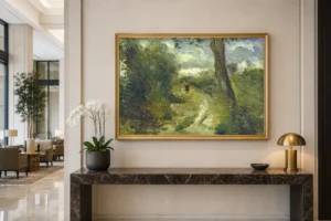 Framed print of Landscape between Storms hanging on a wall in a furnished room