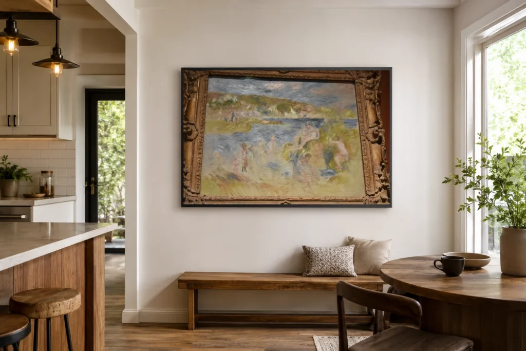 Framed print of Landscape from Guernsey with Bathers hanging on a wall in a furnished room