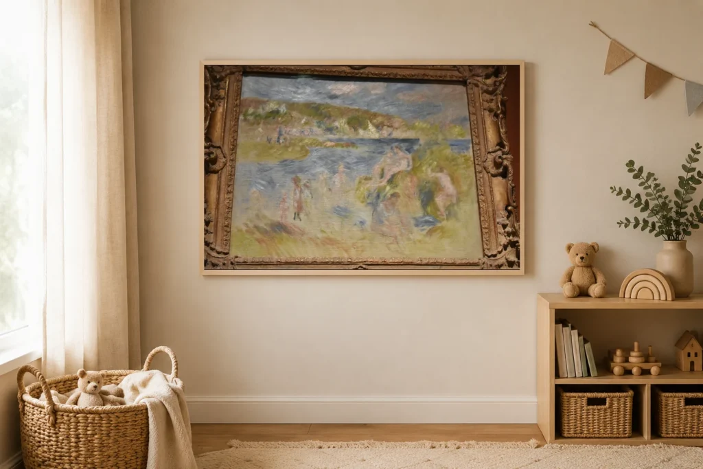 Framed print of Landscape from Guernsey with Bathers hanging on a wall in a furnished room