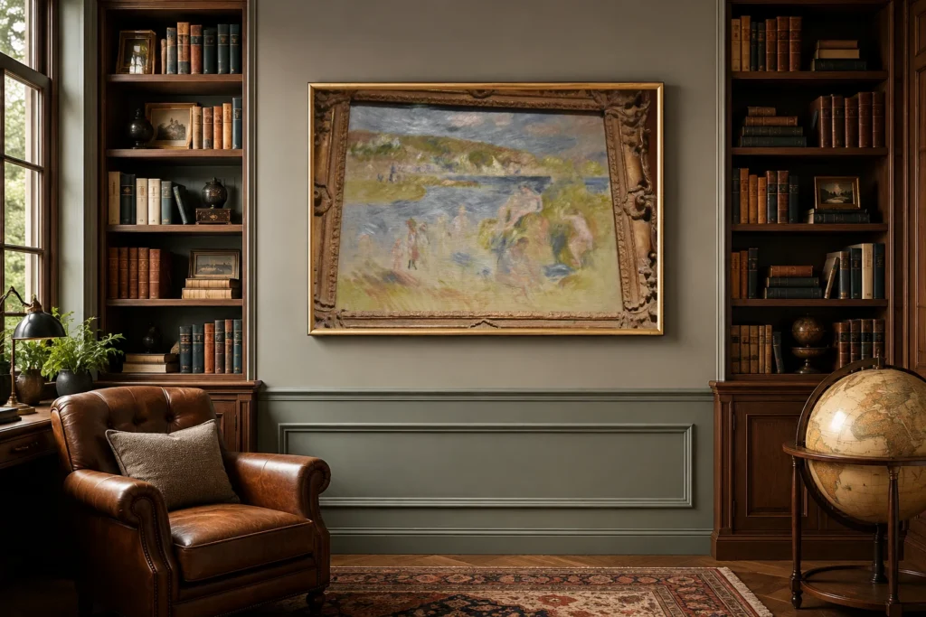 Framed print of Landscape from Guernsey with Bathers hanging on a wall in a furnished room