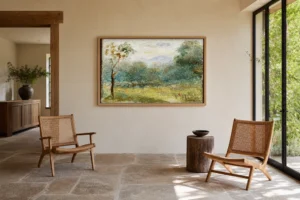 Framed print of Landscape in Southern France (Cagnes). hanging on a wall in a furnished room