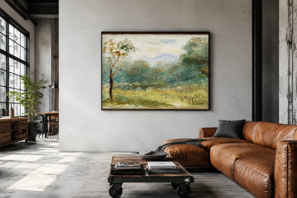 Framed print of Landscape in Southern France (Cagnes). hanging on a wall in a furnished room