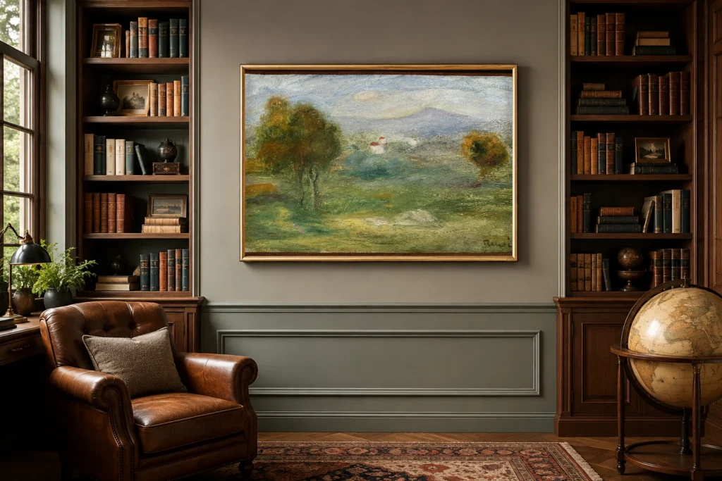 Framed print of Landscape near Cros-de-Cagnes. hanging on a wall in a furnished room