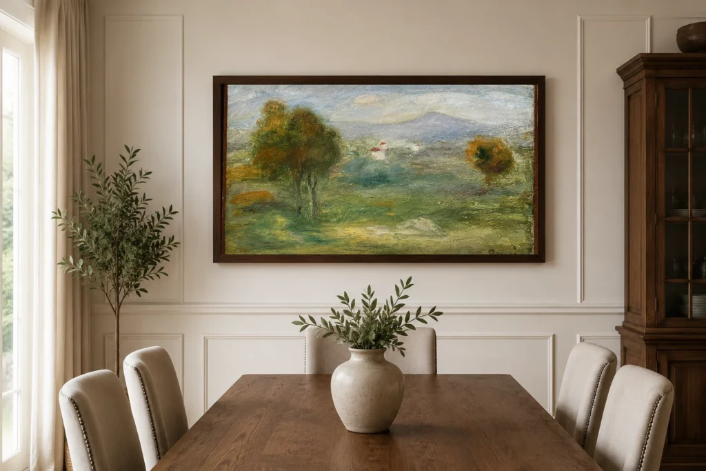 Framed print of Landscape near Cros-de-Cagnes. hanging on a wall in a furnished room