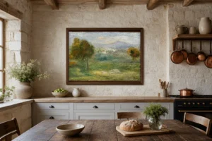 Framed print of Landscape near Cros-de-Cagnes. hanging on a wall in a furnished room