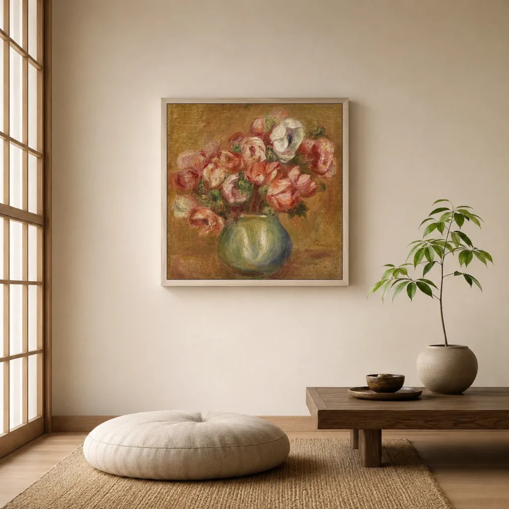 Framed print of Anemones (Anémones) hanging on a wall in a furnished room