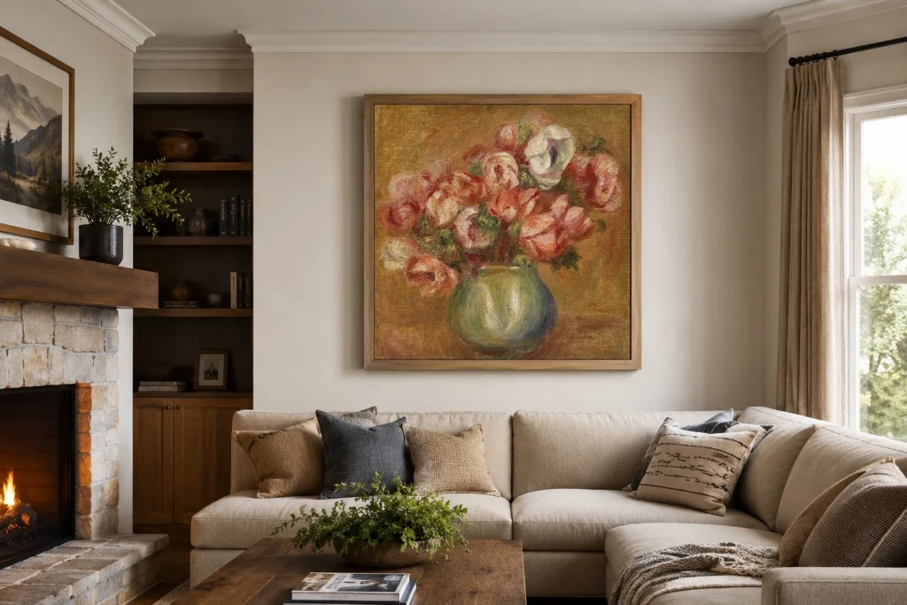 Framed print of Anemones (Anémones) hanging on a wall in a furnished room