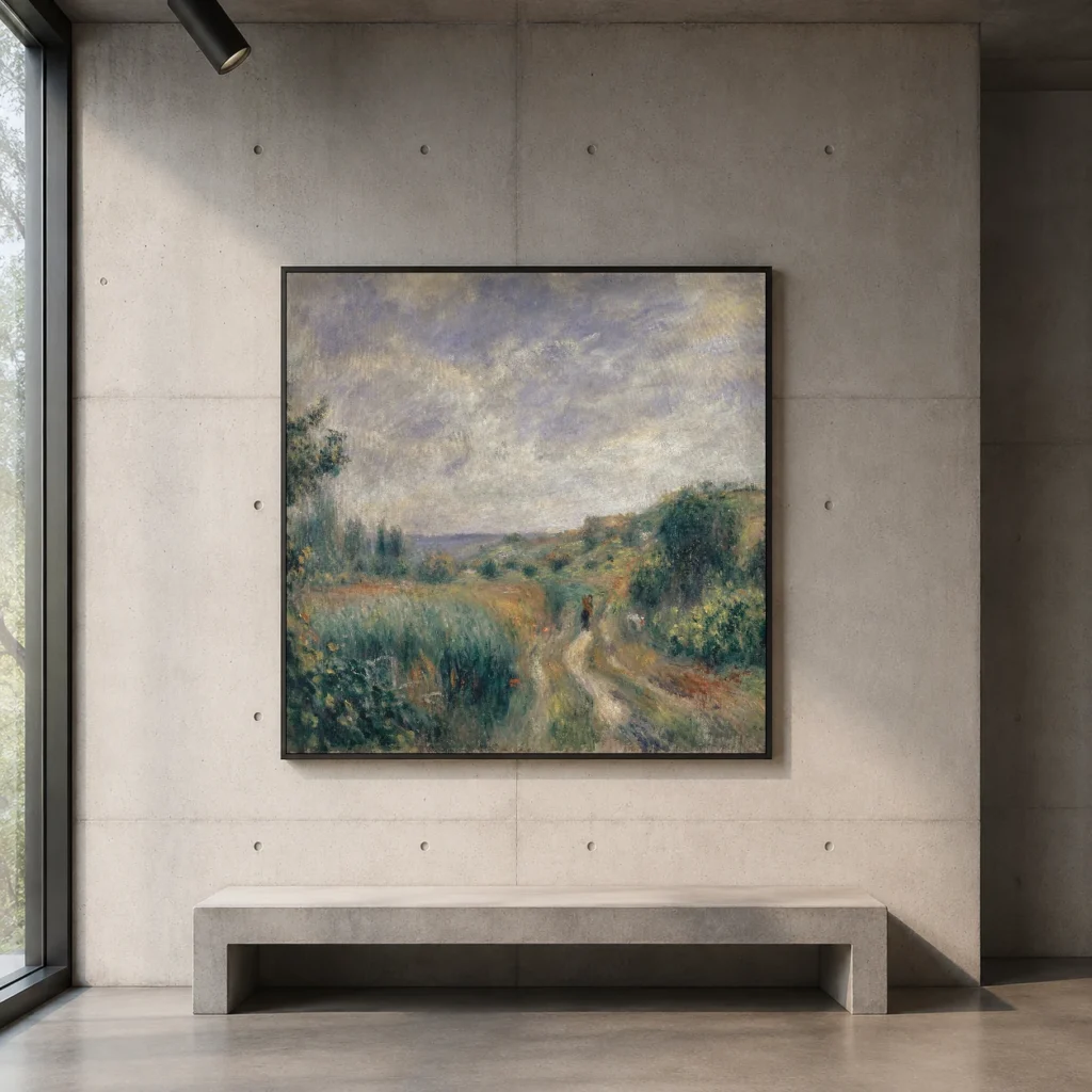 Framed print of Landscape near Essoyes (Landscape with two Figures on the Grass) hanging on a wall in a furnished room