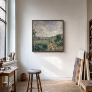 Framed print of Landscape near Essoyes (Landscape with two Figures on the Grass) hanging on a wall in a furnished room