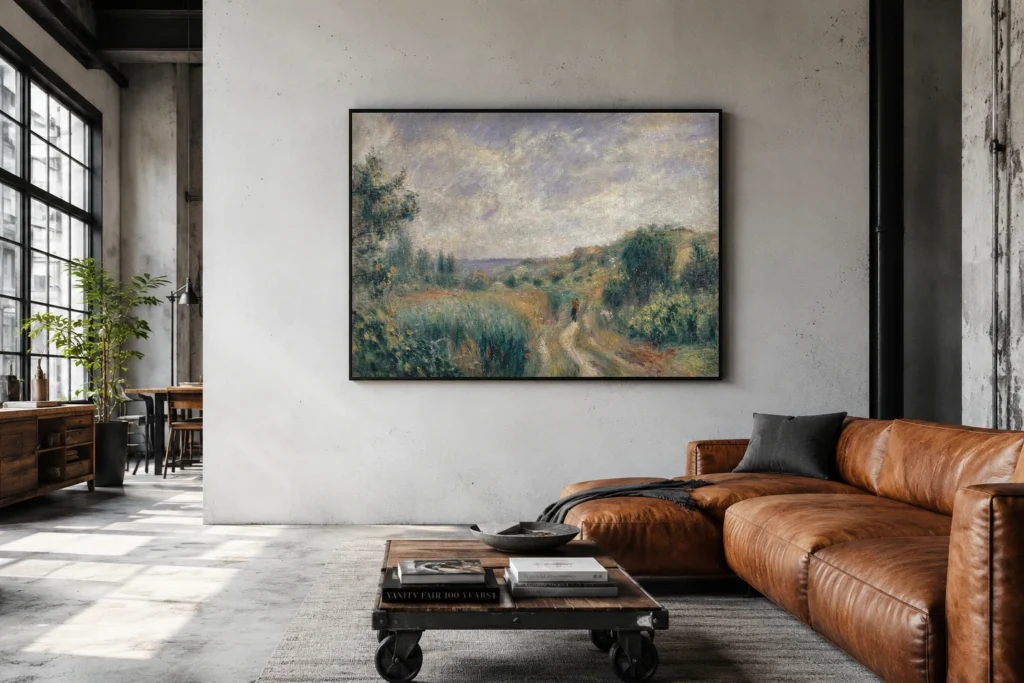 Framed print of Landscape near Essoyes (Landscape with two Figures on the Grass) hanging on a wall in a furnished room