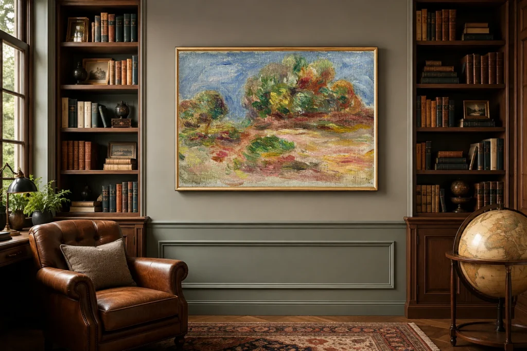 Framed print of Landscape of Cagnes hanging on a wall in a furnished room