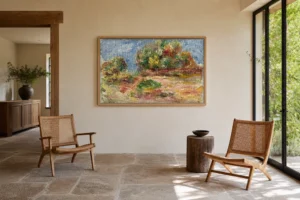 Framed print of Landscape of Cagnes hanging on a wall in a furnished room