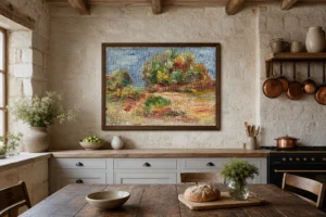 Framed print of Landscape of Cagnes hanging on a wall in a furnished room