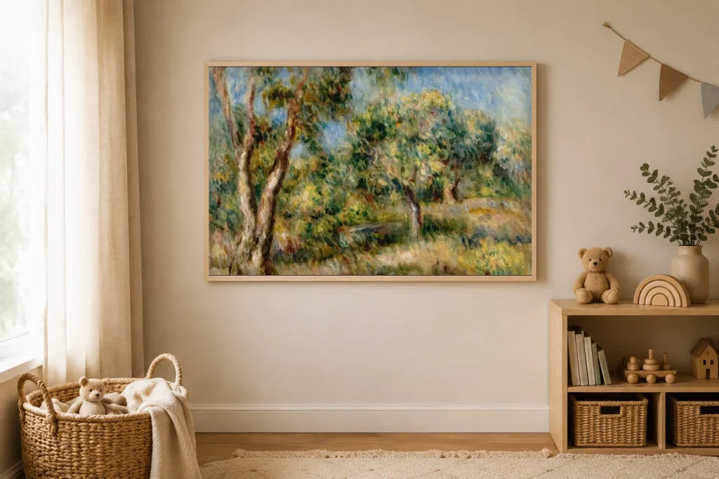 Framed print of Landscape of Cagnes hanging on a wall in a furnished room