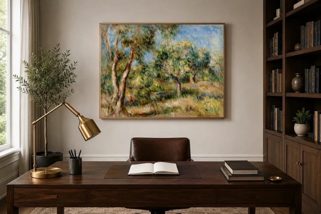 Framed print of Landscape of Cagnes hanging on a wall in a furnished room