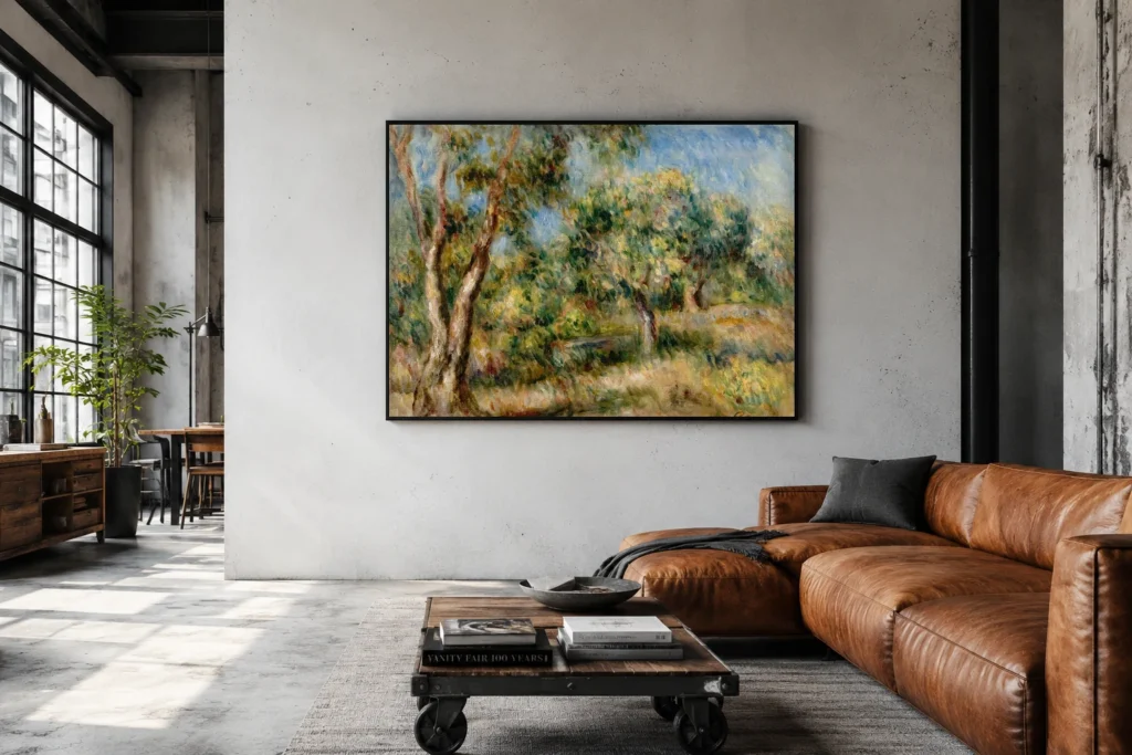Framed print of Landscape of Cagnes hanging on a wall in a furnished room