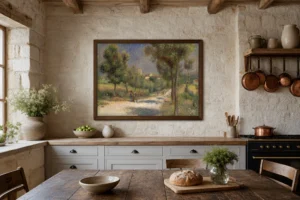 Framed print of Landscape of Essoyes, Early Morning hanging on a wall in a furnished room