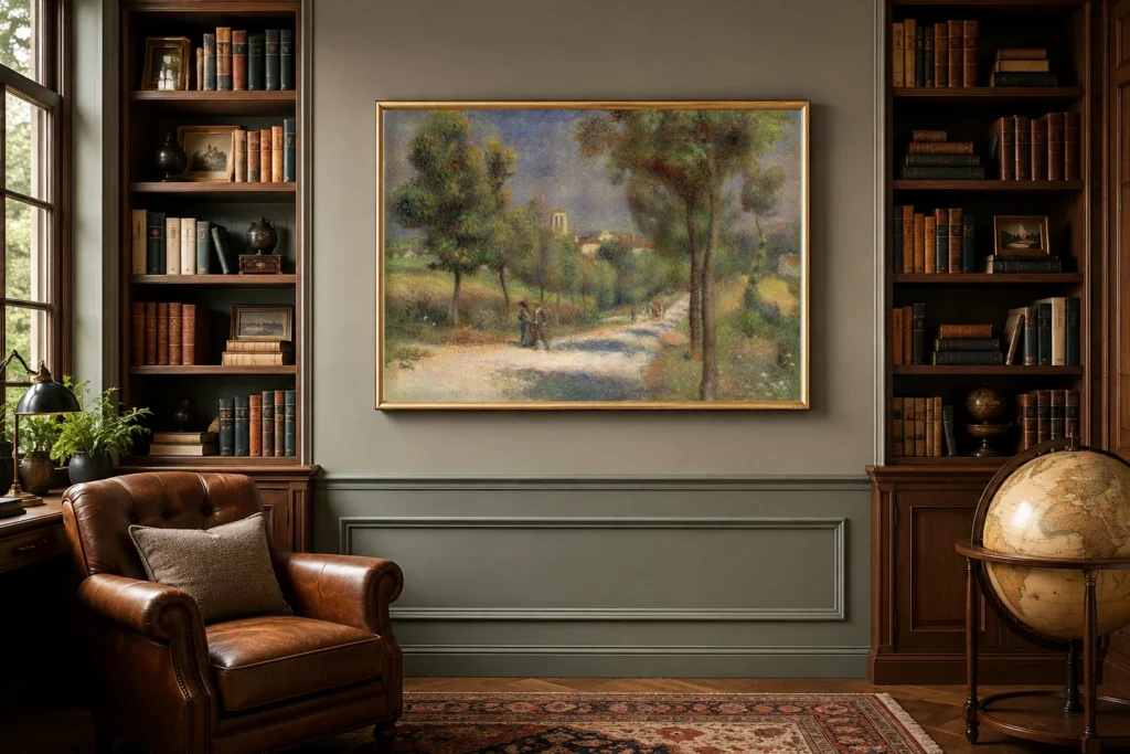 Framed print of Landscape of Essoyes, Early Morning hanging on a wall in a furnished room