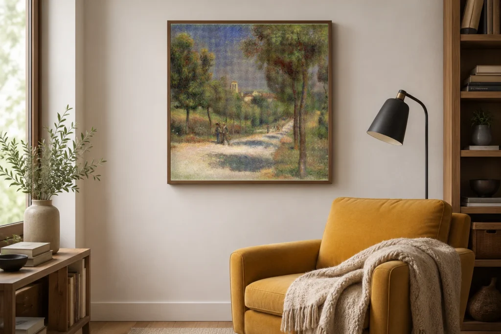 Framed print of Landscape of Essoyes, Early Morning hanging on a wall in a furnished room