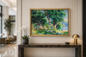 Framed print of Landscape on the Coast, near Menton hanging on a wall in a furnished room