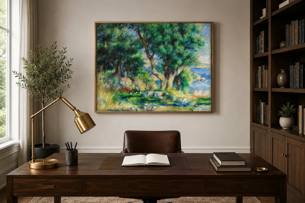 Framed print of Landscape on the Coast, near Menton hanging on a wall in a furnished room