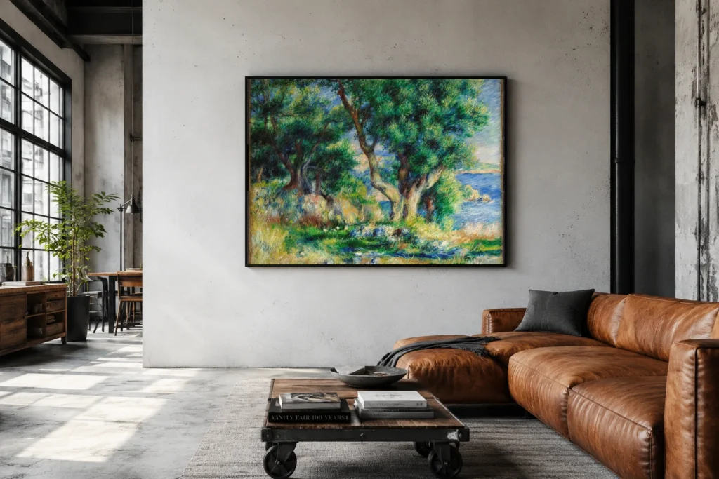 Framed print of Landscape on the Coast, near Menton hanging on a wall in a furnished room