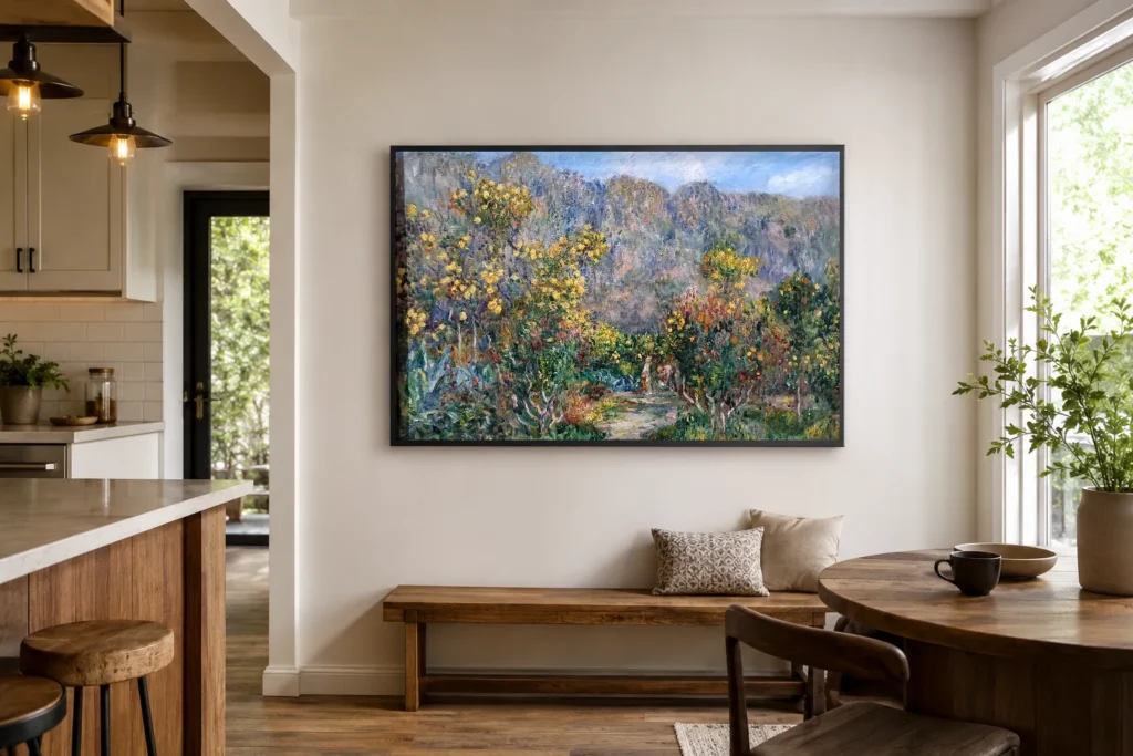 Framed print of Landscape with Mimosas hanging on a wall in a furnished room
