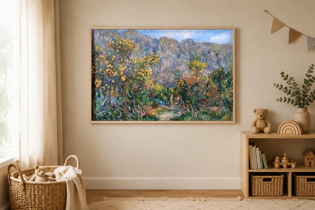Framed print of Landscape with Mimosas hanging on a wall in a furnished room