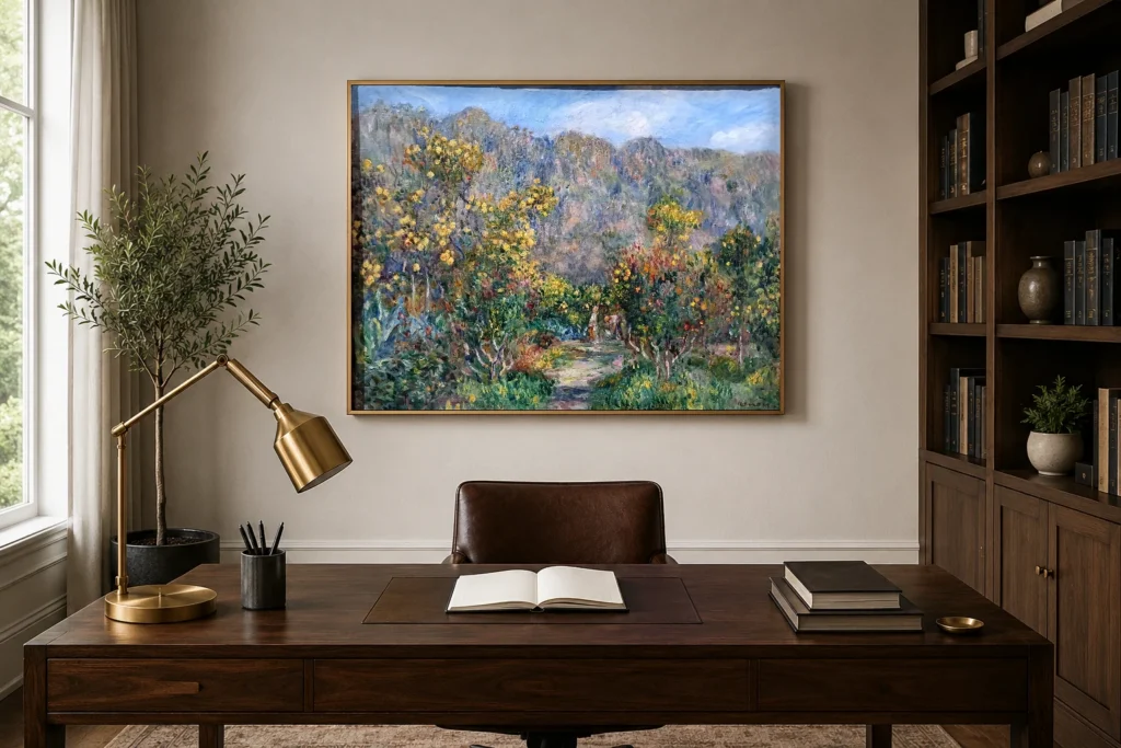 Framed print of Landscape with Mimosas hanging on a wall in a furnished room