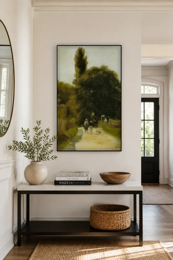 Framed print of Landscape with Two Figures hanging on a wall in a furnished room