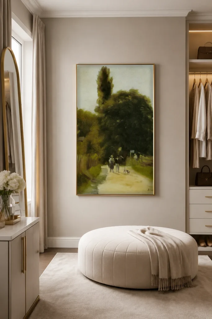 Framed print of Landscape with Two Figures hanging on a wall in a furnished room