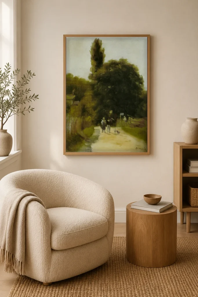 Framed print of Landscape with Two Figures hanging on a wall in a furnished room